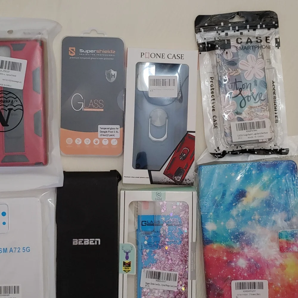 Assorted Electronics Case and Glass screen protector Bundle.